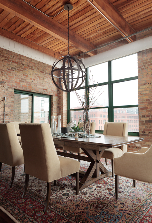 loft dining with exposed beams