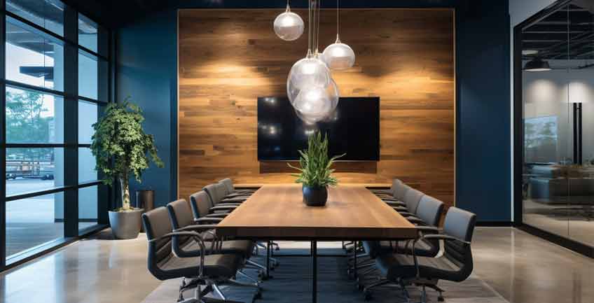 blue conference room with modern lighting
