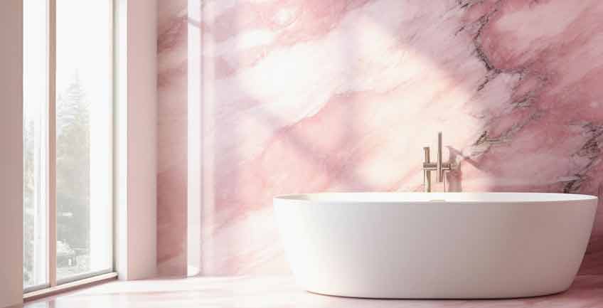 pink marble bathroom with white tub